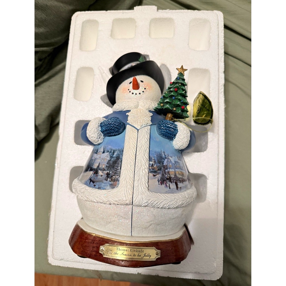 Thomas Kinkade Christmas Snowman Figurine Opening Panels Winter Scene Resin